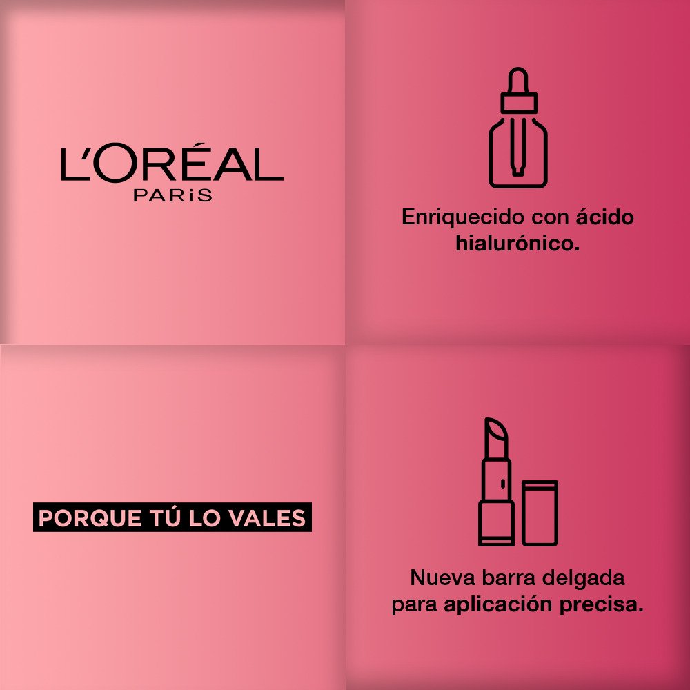 Logo L'Oréal Paris. Enriquecido con Ácido Hialurónico. Porque tú lo vales, nueva barra delgada para aplicación precisa Colombia.